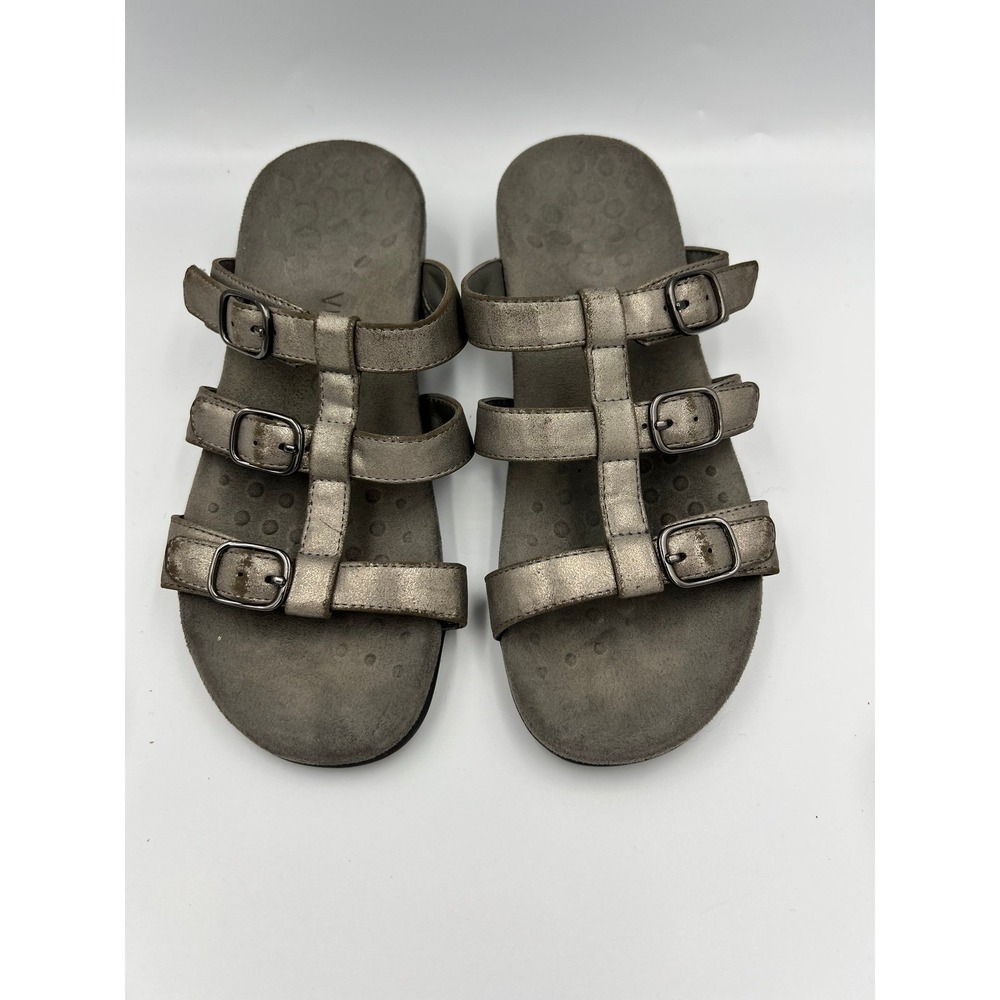 Vionic Misa Slide Sandals Womens 8 Pewter Good‎ Metallic Orthotic Buckle Straps